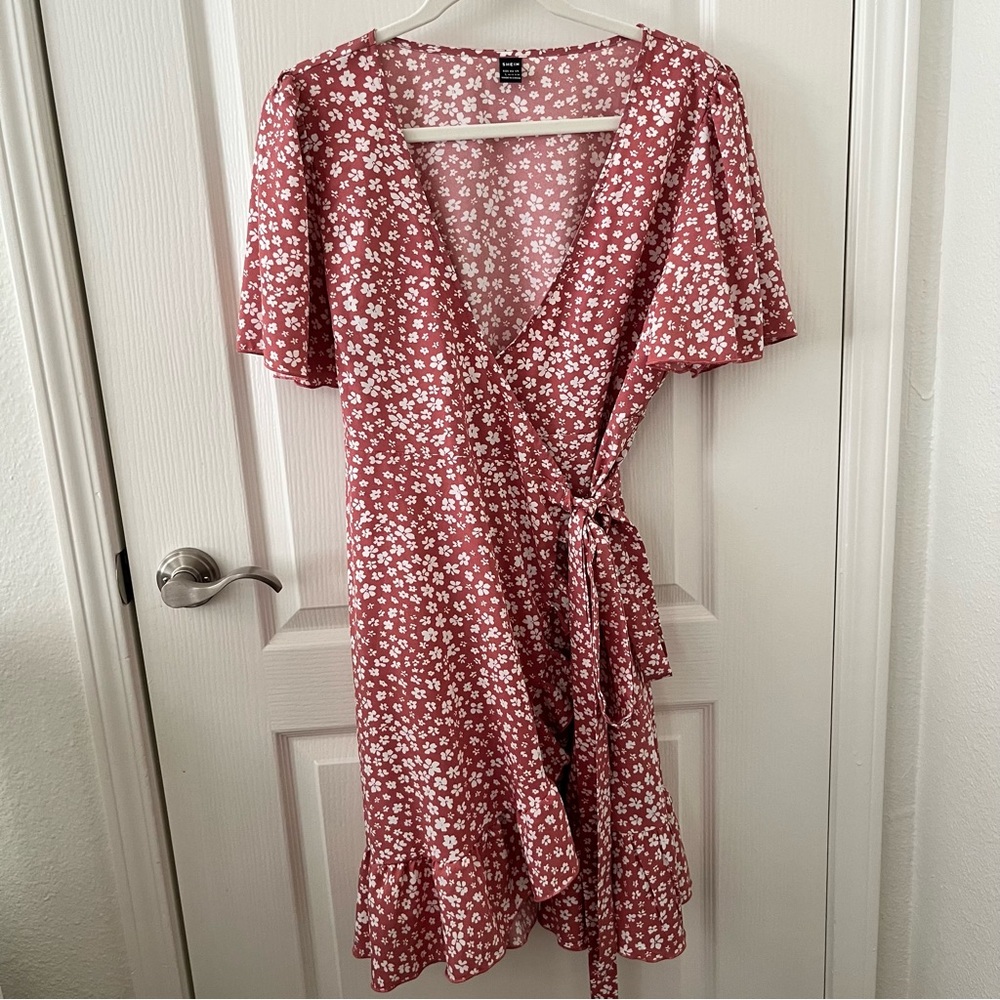 Pink floral wrap dress